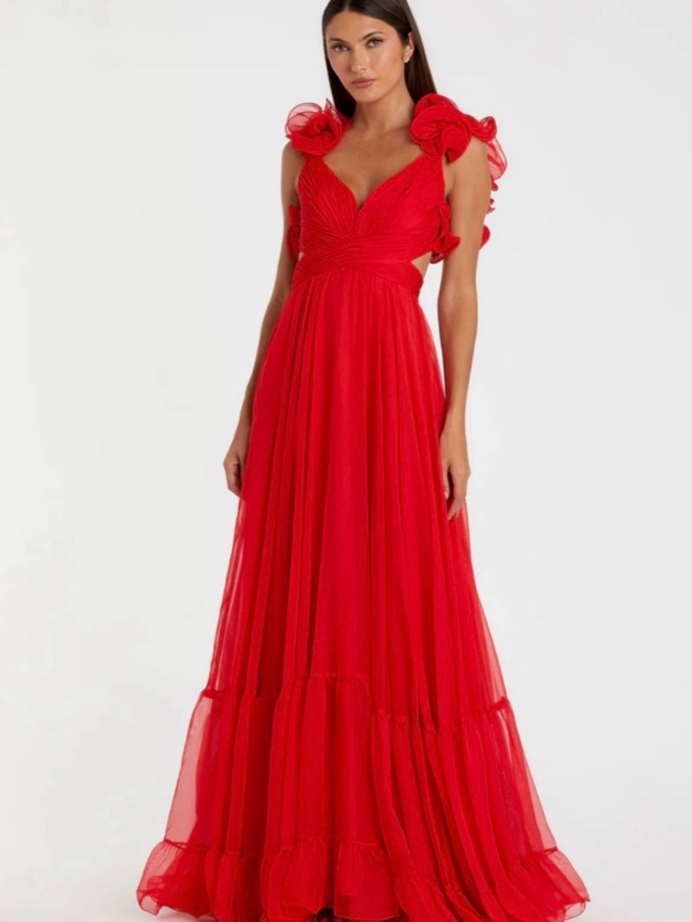 Mac Duggal Red Ruffle-Shoulder Chiffon Maxi Dress